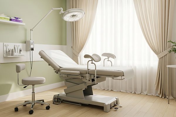 A modern and clean gynecology examination room with a profession
